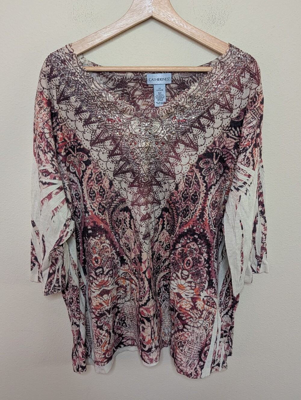 Catherines Plus Size Paisley Embellished Top 2X 22/24W Boho Beaded